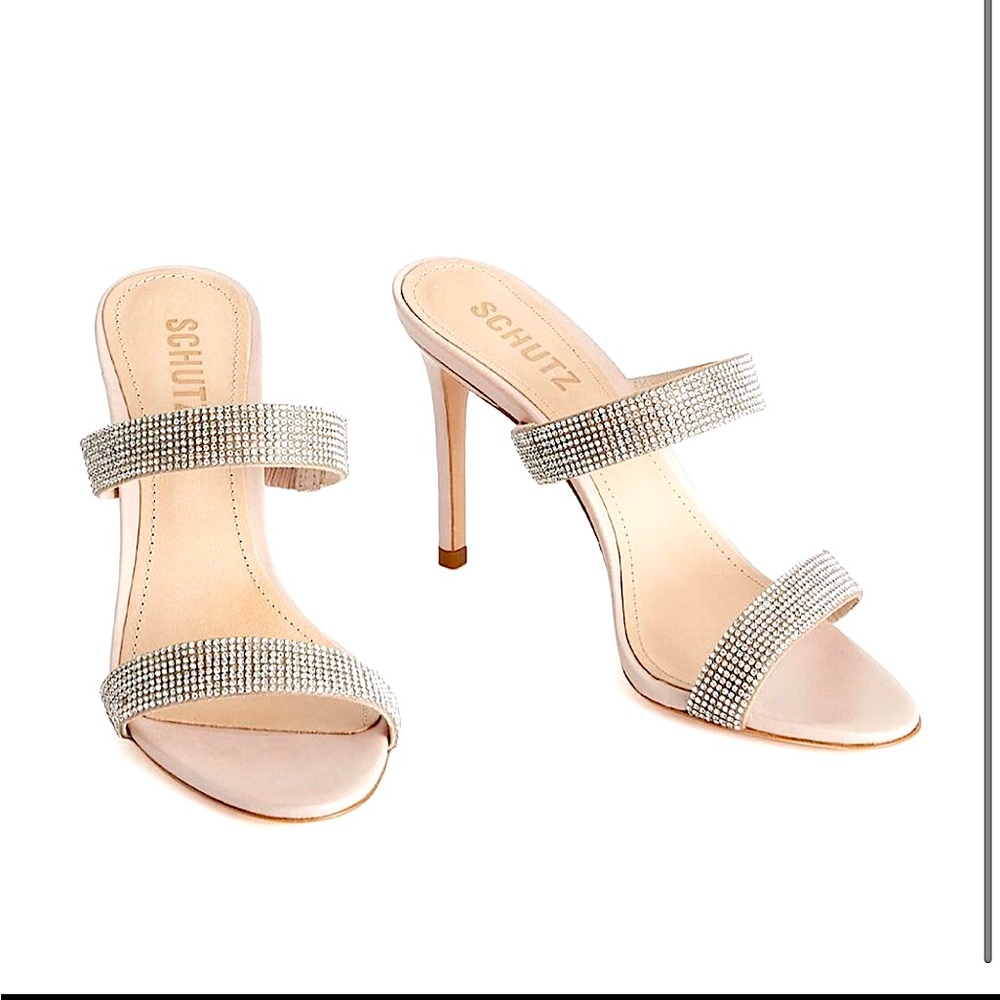 Schutz Beatriz New Sparkling Sexy Comfy Heels sandals size 6.5 Nude/Crystals New